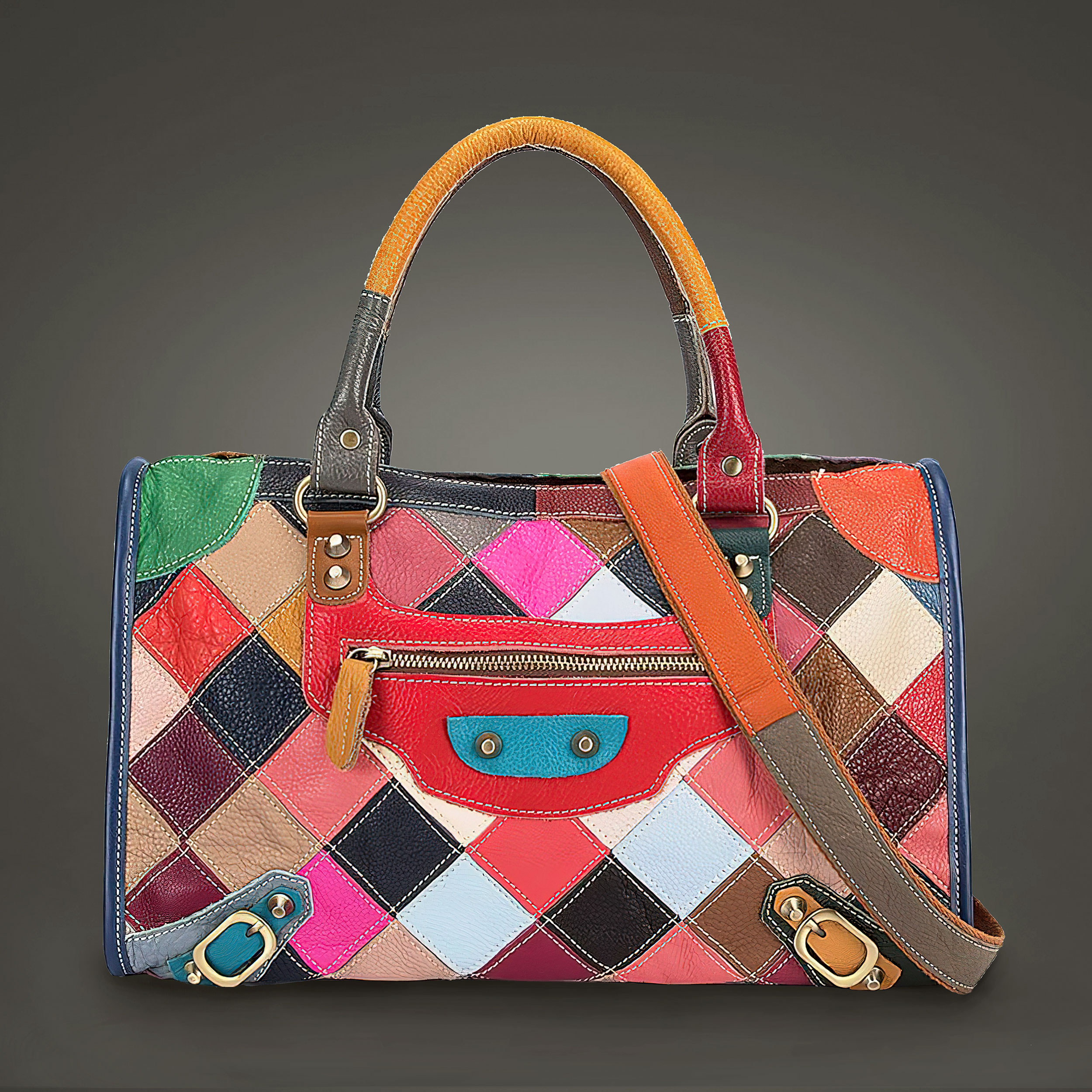 Studded Patchwork Multicolour Leather Bag