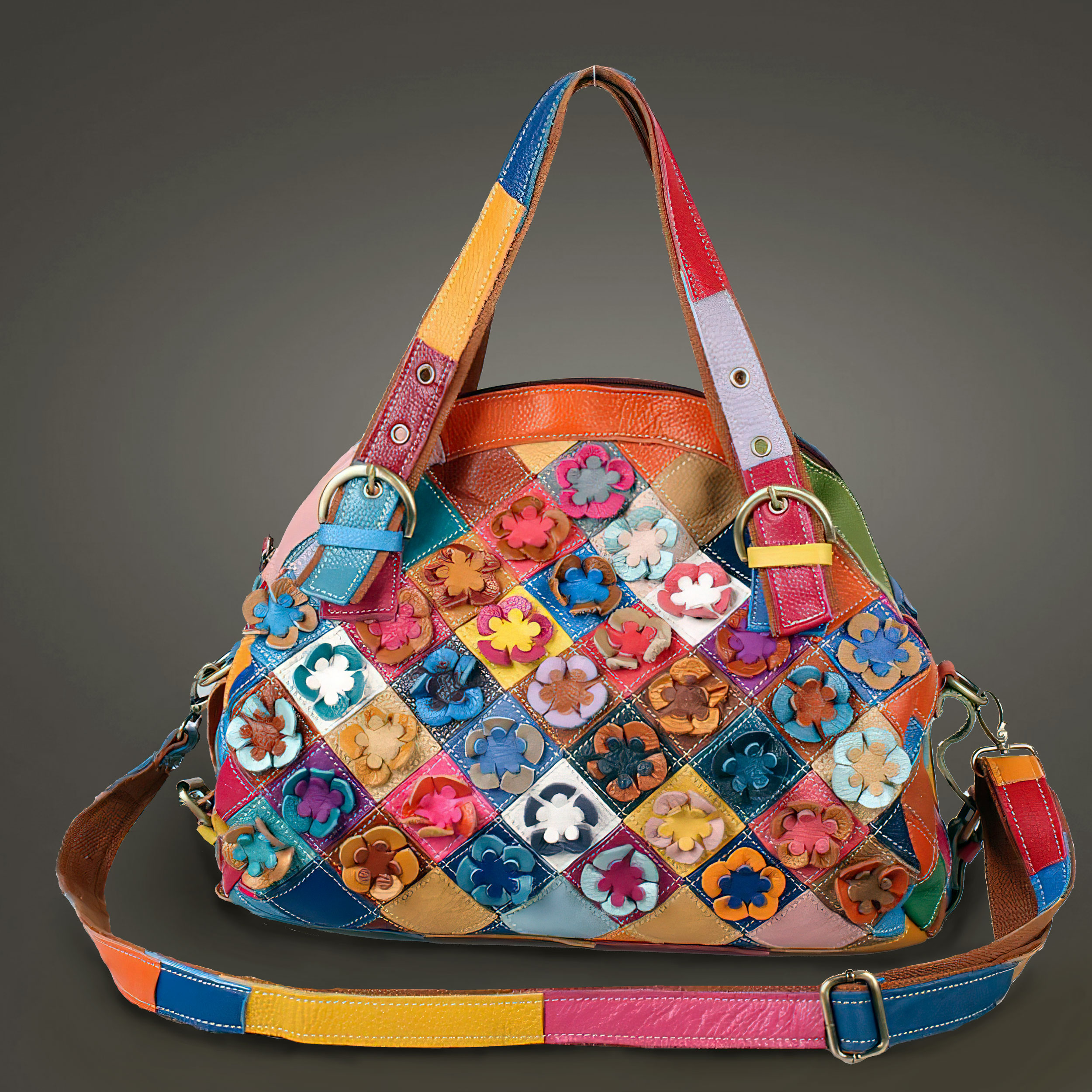 Handmade Flower Patchwork Leather handbag long shoulder strap