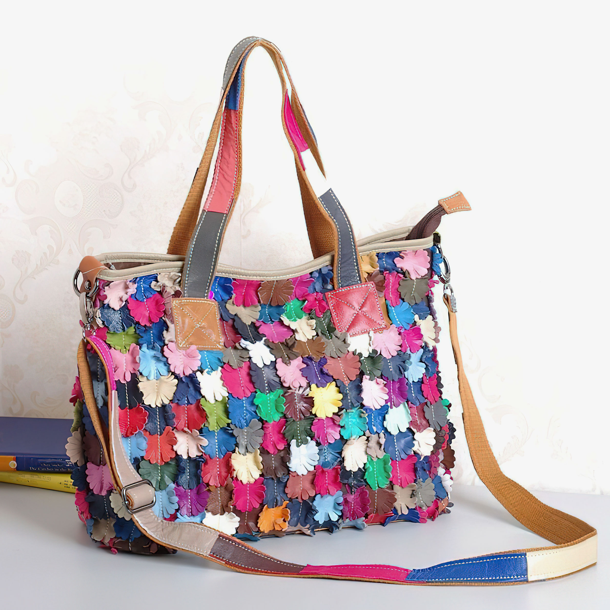 Handmade Flower Patchwork Leather bag long shoulder straps