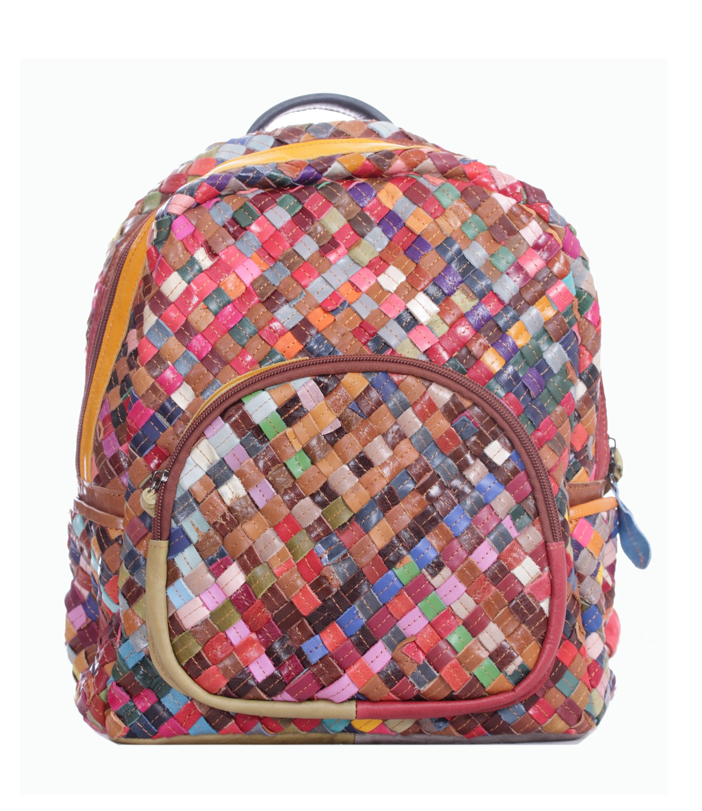 Handmade Woven Multicolour Leather Zip Round Backpack