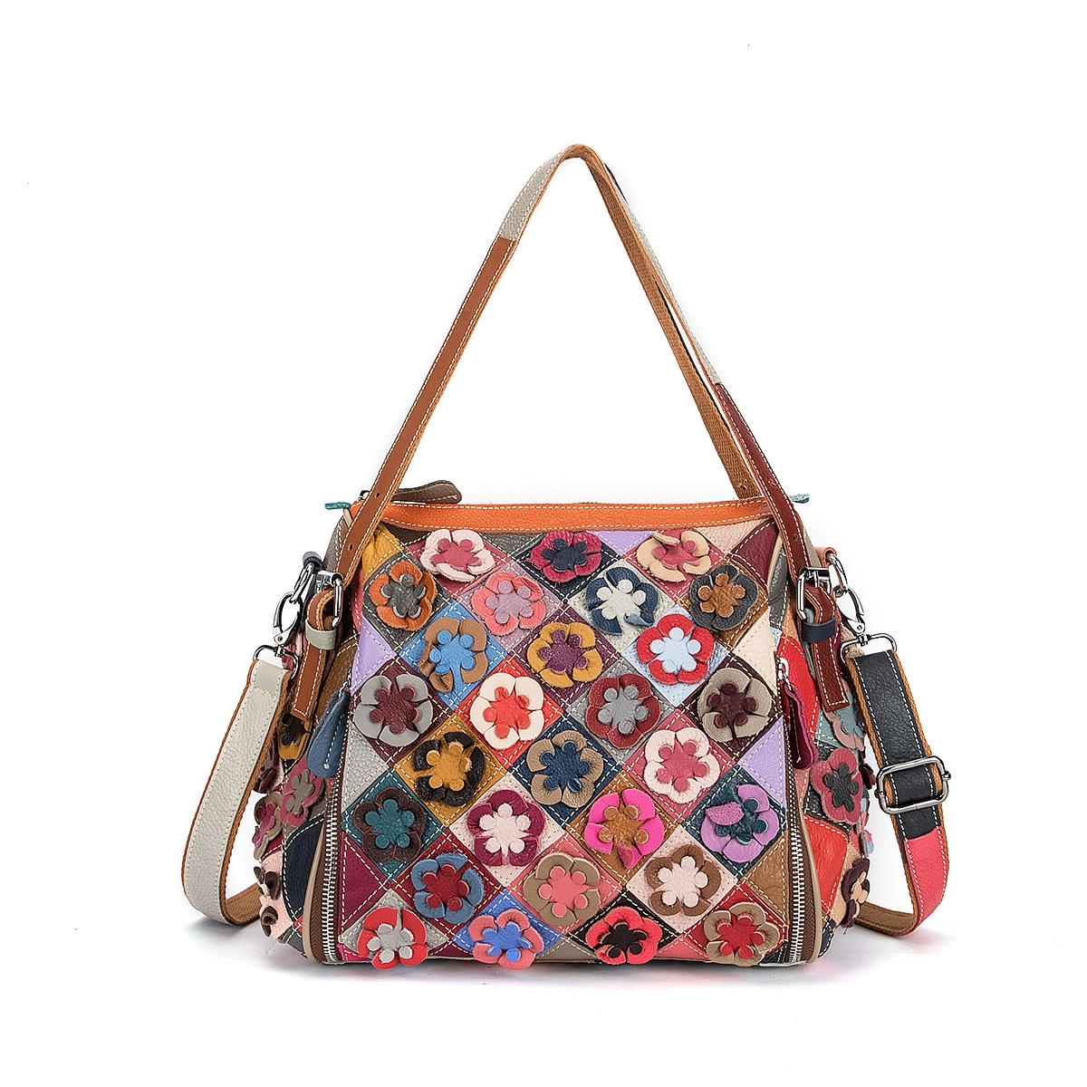 Handmade flower patchwork leather tote bag