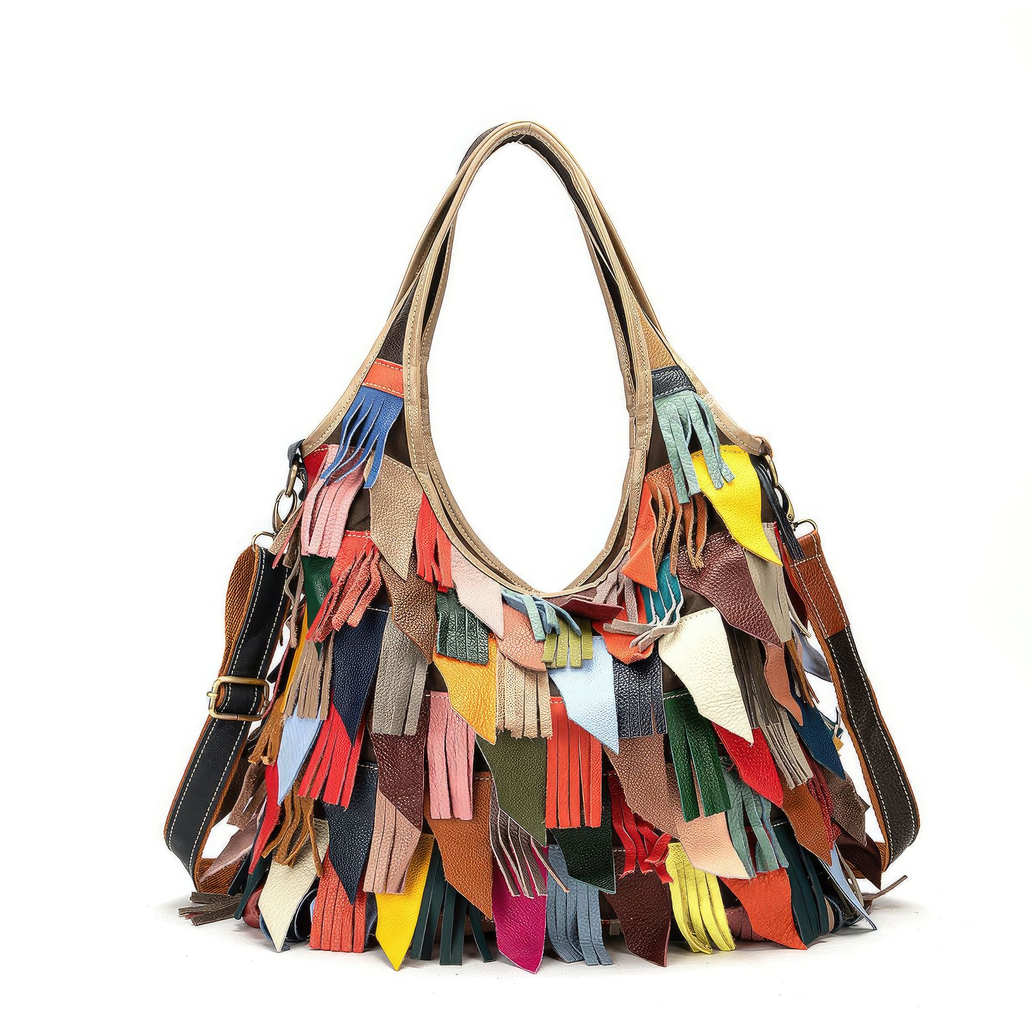 Handmade Multicolour Patchwork Leather Bag with Tassels